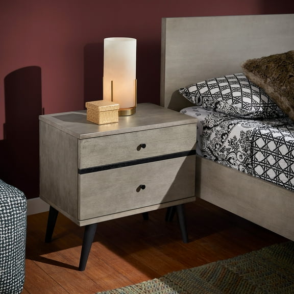 Weston Home Balboa Mid-Century Modern Black Legs 2-Drawer Nightstand, Gray Finish