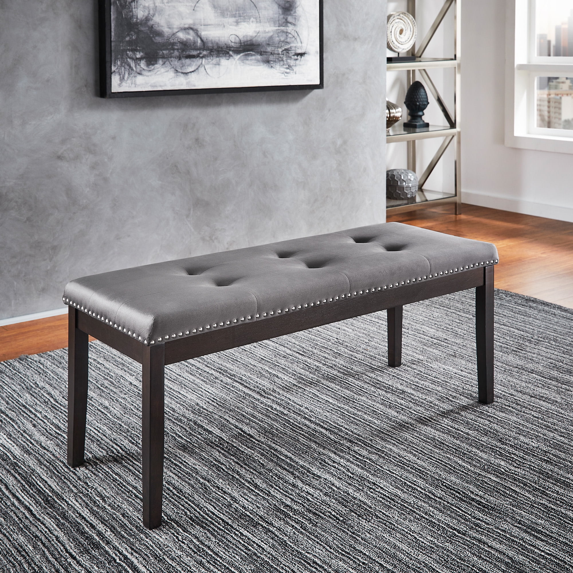 Weston Home Banford Velvet Tufted Nailhead Bench, Gray