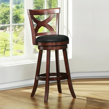 Weston Home Basalt High X-Back Black Upholstered Swivel Seat Bar Height Stool, Cherry Finish
