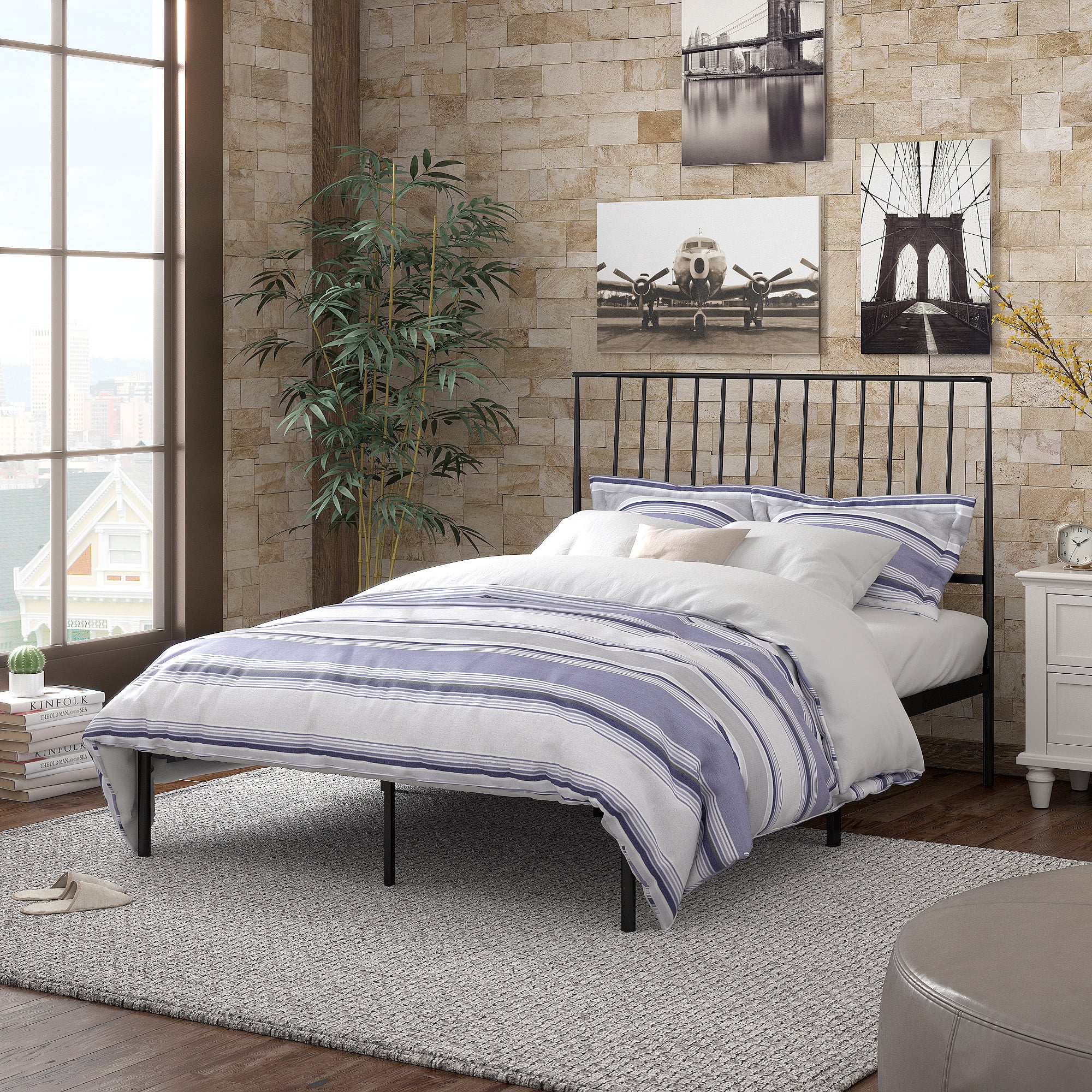 Weston Home Belisse Metal Platform Full Bed with Curved Metal Headboard, Black