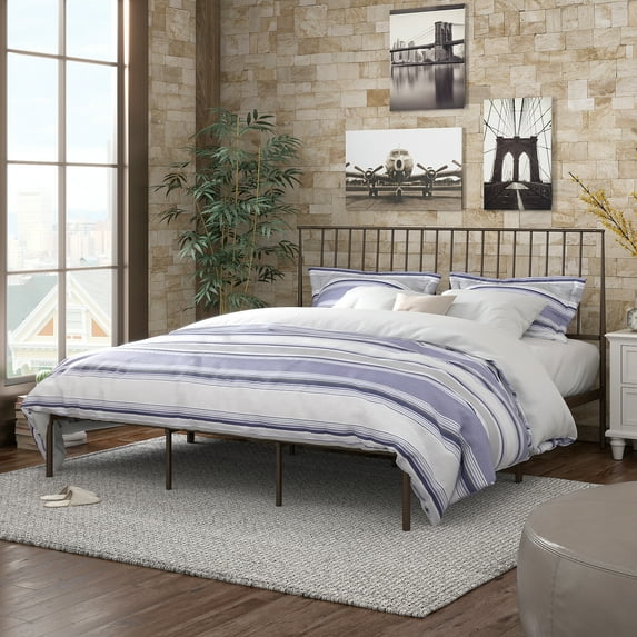 Weston Home Belisse Metal Platform King Bed with Curved Metal Headboard, Antiuqe Dark Bronze