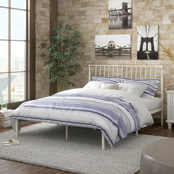 Weston Home Belisse Metal Platform Bed with Curved Metal Headboard, Queen White