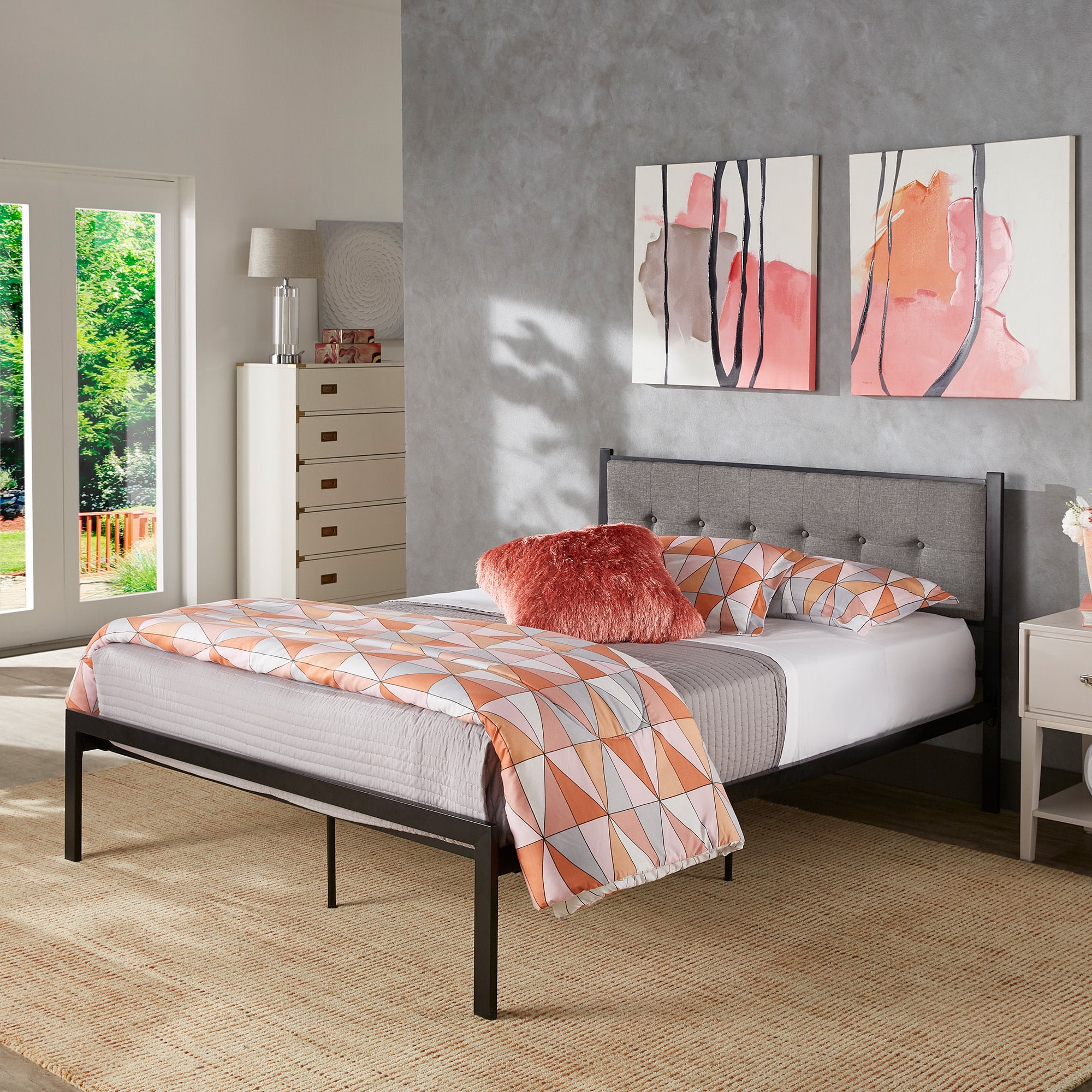 Weston Home Berzelia Metal Full Platform Bed with Tufted Linen