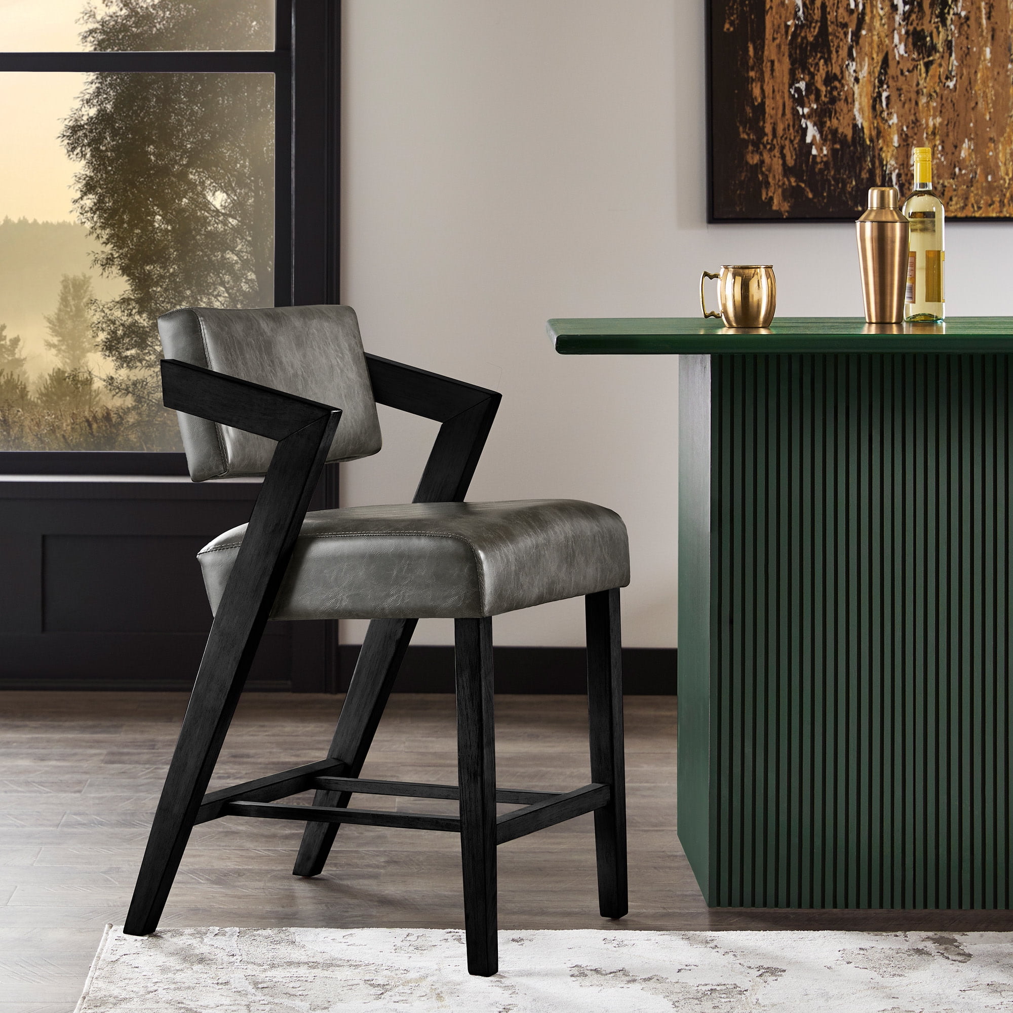 Weston Home Billings Wood Finish Counter Height Chair, Black Wash Finish Frame/Charcoal Vegan Leather