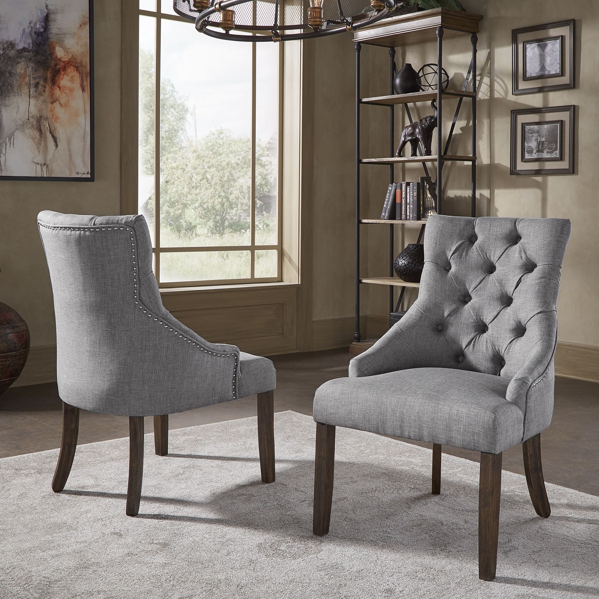 Weston Home Bolton Curved Tufted Back Dining Chairs, Set of 2, Grey Linen, Brown Finish
