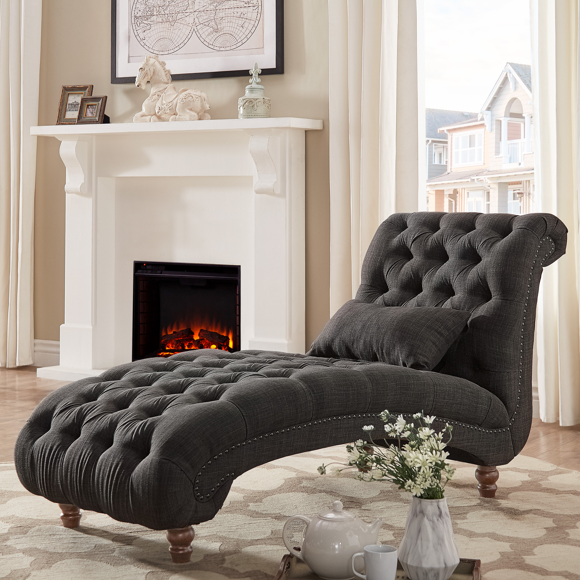 Weston Home Bowman Long Tufted Lounge Chair With Matching Pillow, Dark Gray Linen - image 1 of 6