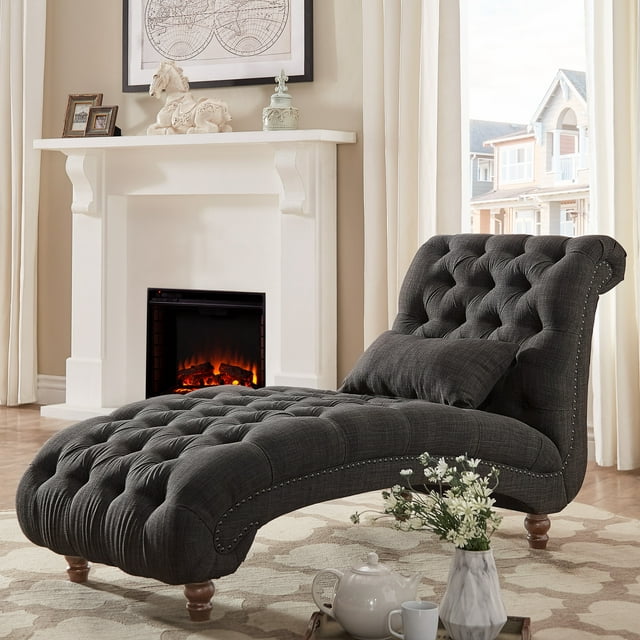 Weston Home Bowman Long Tufted Lounge Chair With Matching Pillow, Dark Gray Linen