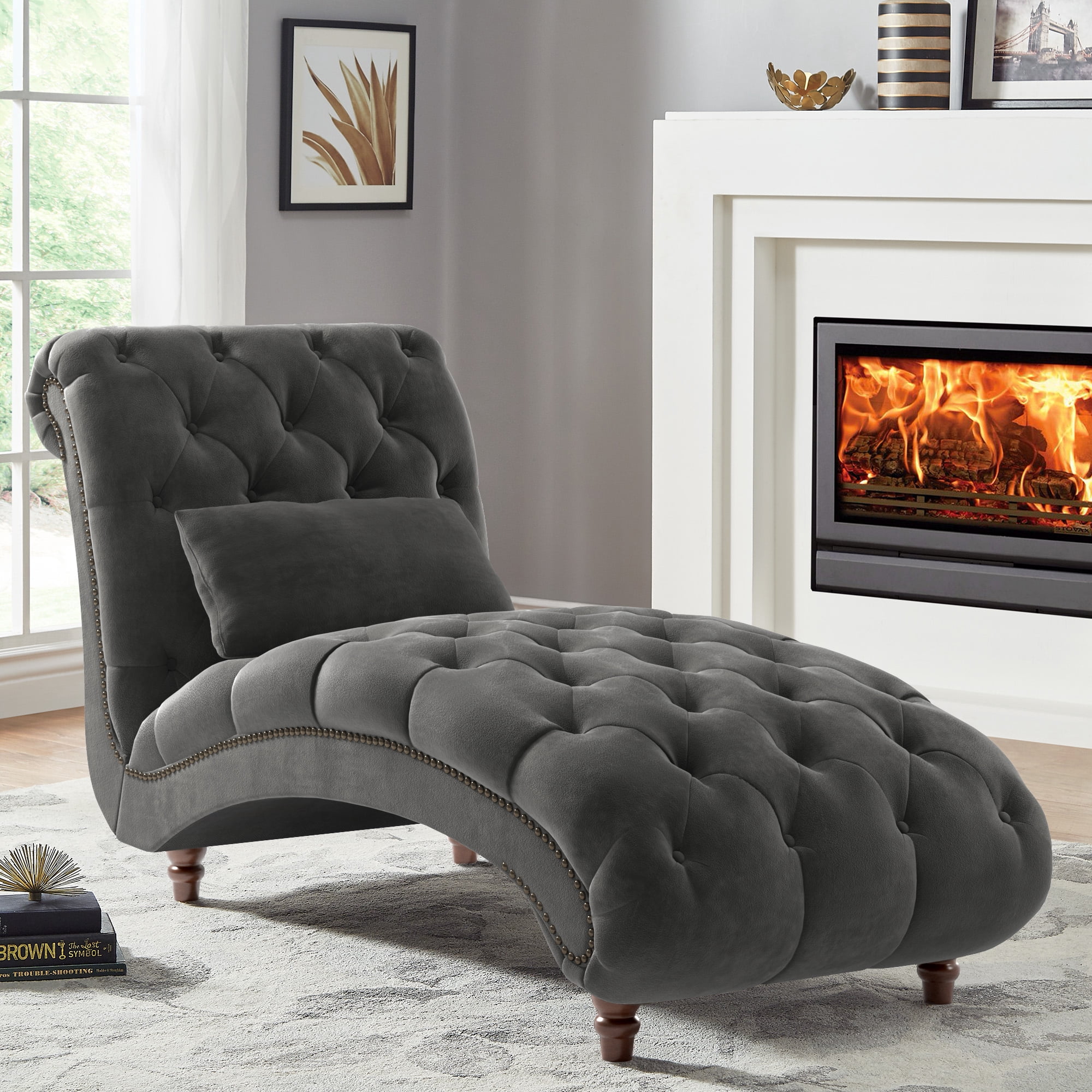 Weston Home Bowman Tufted Armless Chaise with Matching Pillow, Dark Gray Velvet