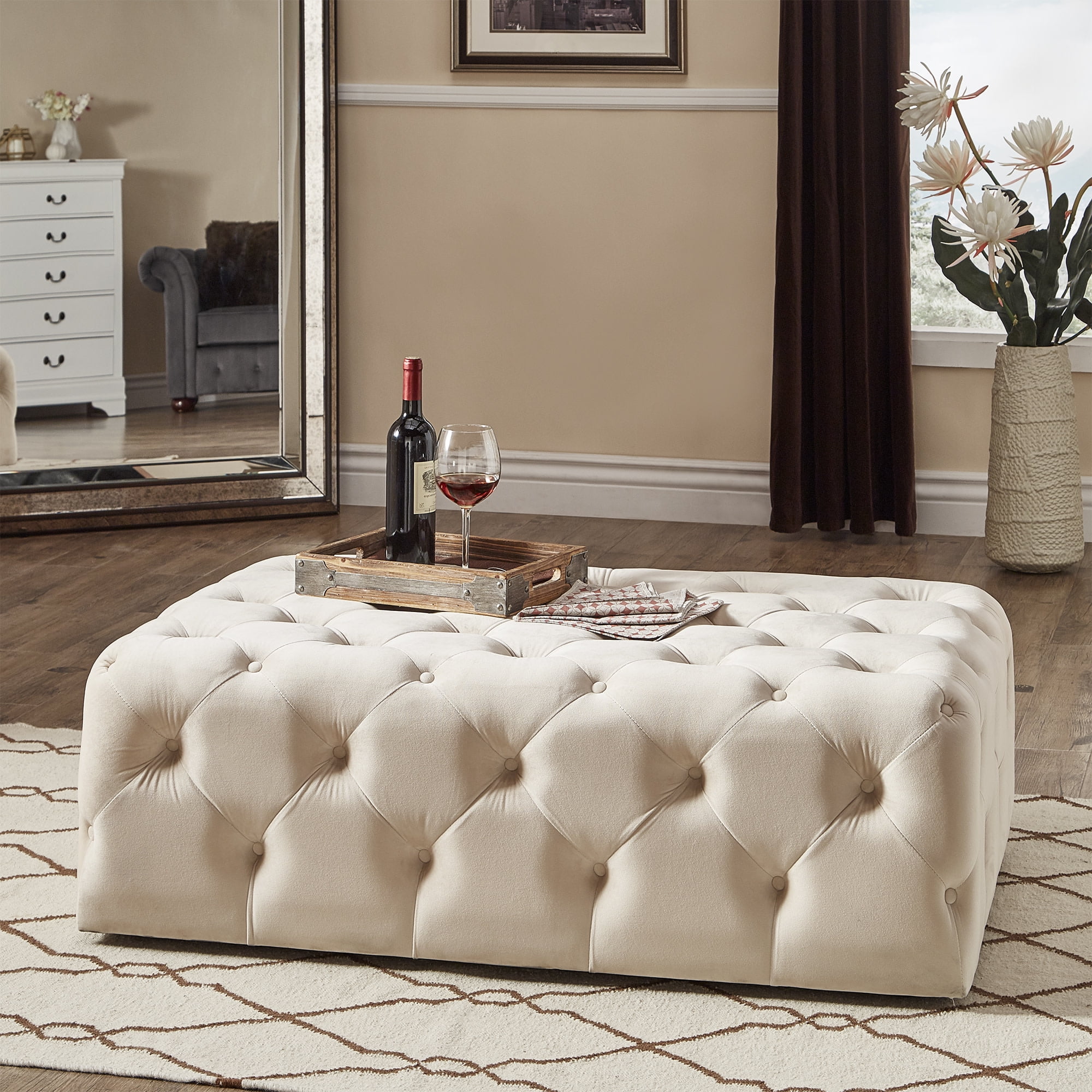 Weston Home Bowman Rectangular Tufted Ottoman with Casters, Beige Velvet