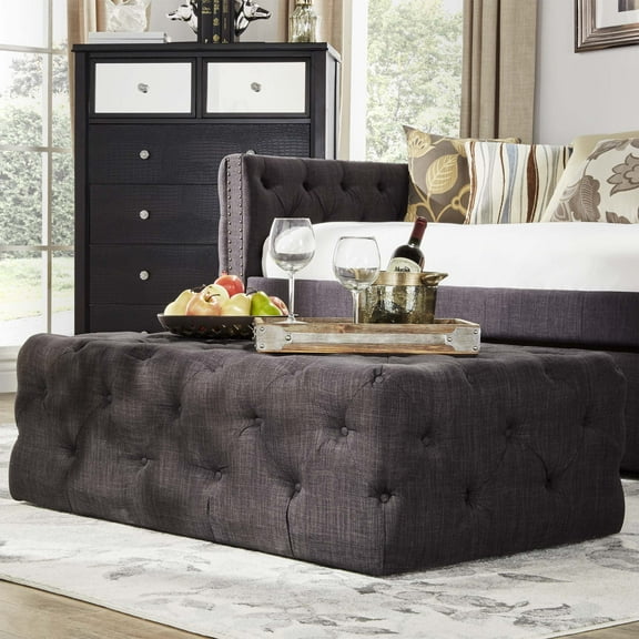 Weston Home Bowman Rectangular Tufted Ottoman with Casters, Dark Grey Linen