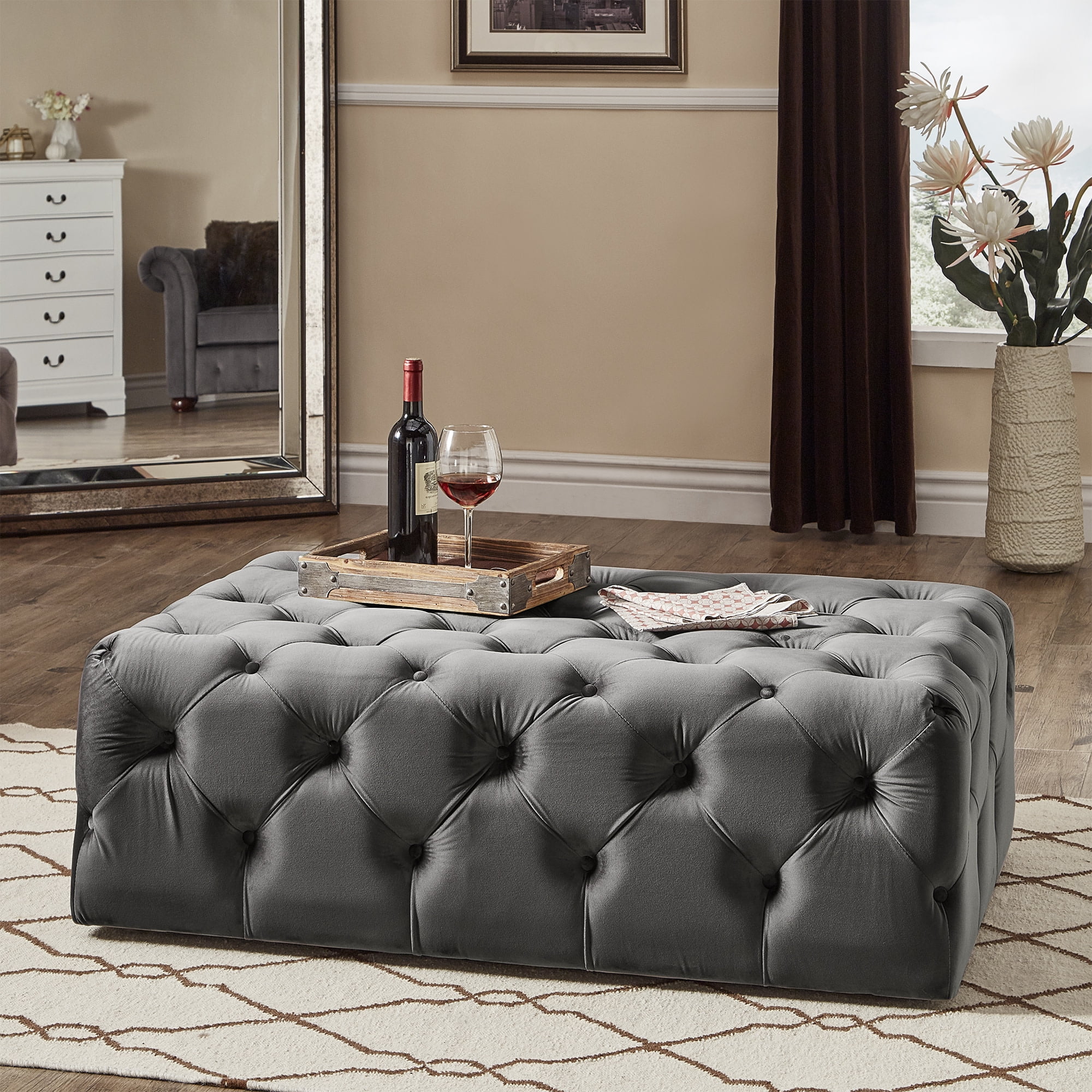 Weston Home Bowman Rectangular Tufted Ottoman with Casters, Dark Grey Velvet