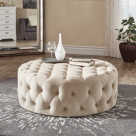 Weston Home Bowman Velvet Round Button Tufted Ottoman with Casters, Beige