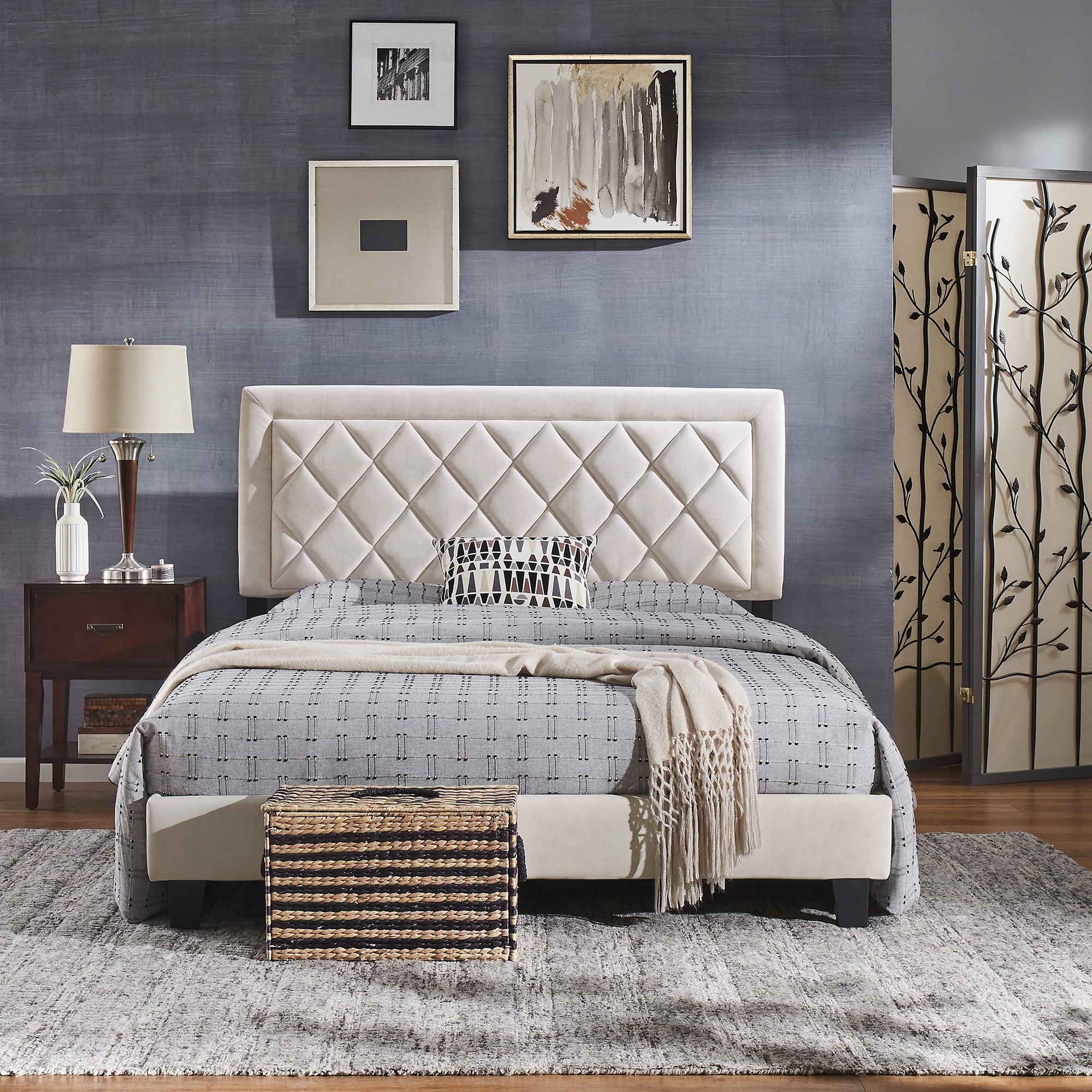 Weston Home Brielle Black Finish Frame with Velvet Upholstered Platform Queen Bed, Cream