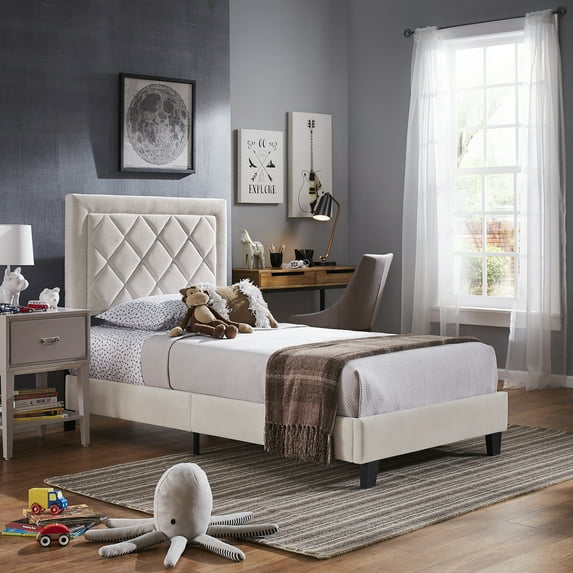 Weston Home Brielle Black Finish Frame with Velvet Upholstered Platform Twin Bed, Cream