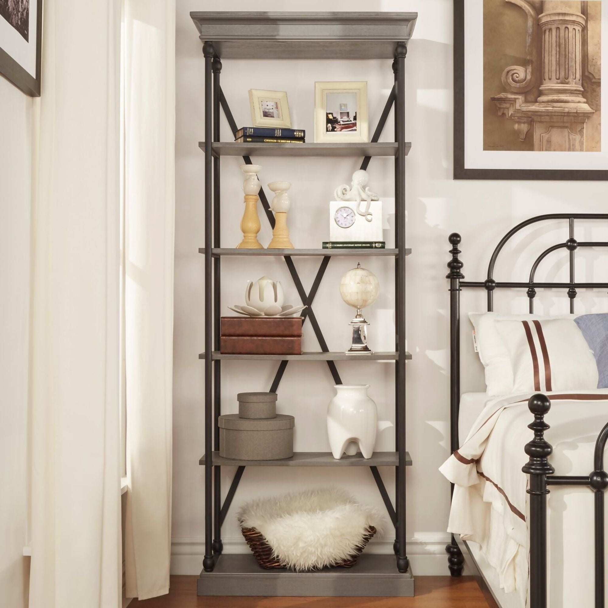 Weston Home Cabana Wood and Iron 5 Shelf Bookcase, Grey/Black