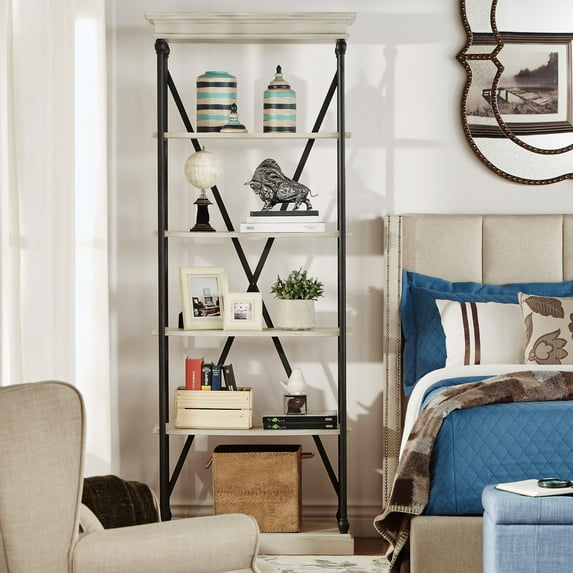 Weston Home Cabana 5 Shelf Wood and Iron X-Back Bookcase, Ivory White