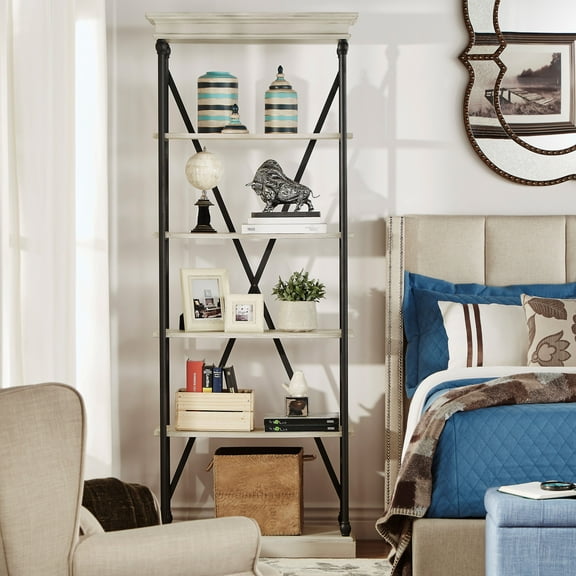 Weston Home Cabana 5 Shelf Wood and Iron X-Back Bookcase, Ivory White