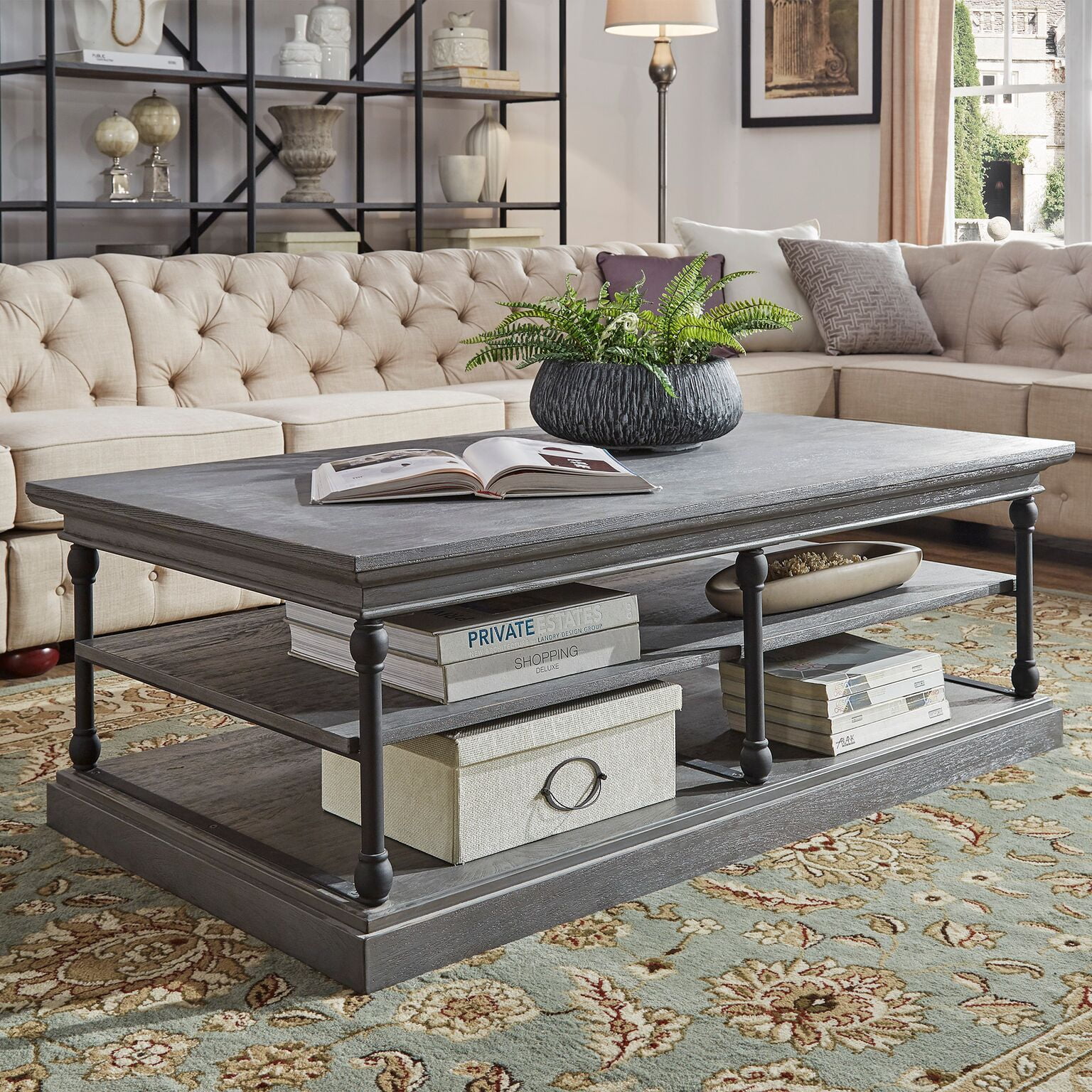 Weston Home Cabana Rectangular Storage Shelf Coffee Table, Frost Grey