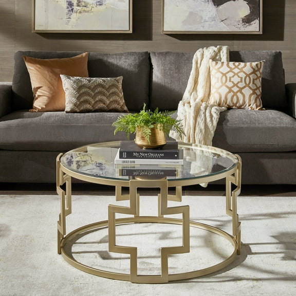 Weston Home Cava 36" Matte Gold Finish Metal Coffee Table with Clear Glass Top