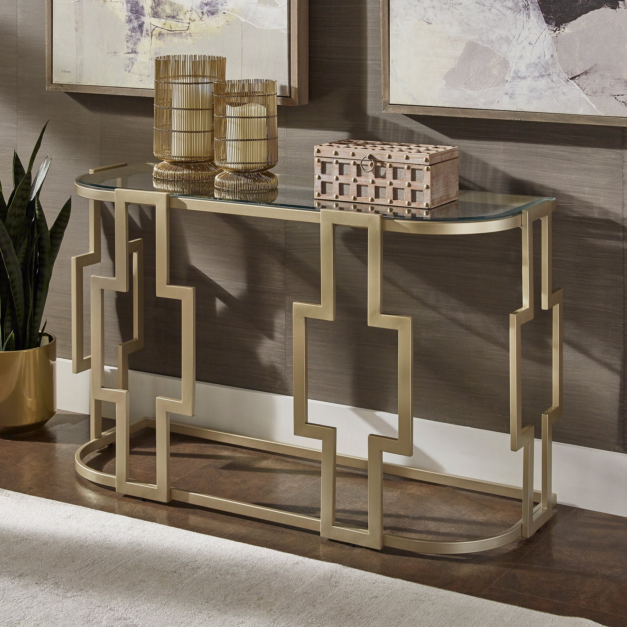 Weston Home Cava 48" Console Table, Matte Gold Finish, Clear Glass Top