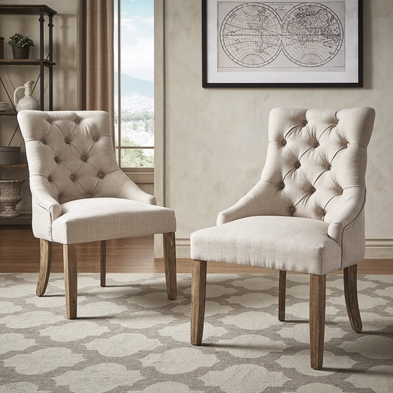 Weston Home Chelsea Lane Curved Back Linen Tufted Dining Chair, Set of 2, Beige