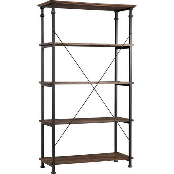 Weston Home Clayton 5 Shelf Wide Wood and Metal Bookcase, Dark Brown Shelves