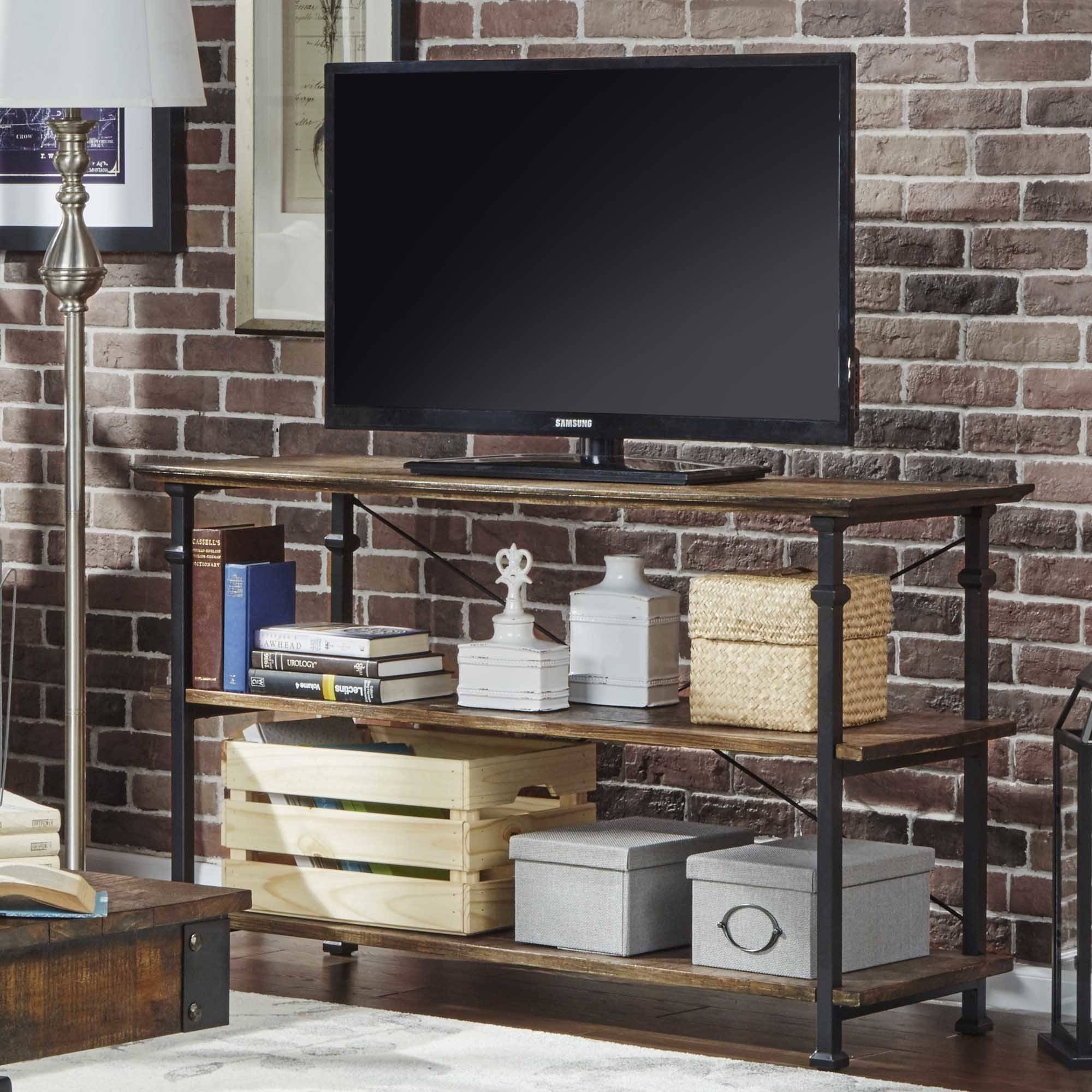 Weston Home Clayton Rustic Metal and Wood Console TV Stand, for TVs up to 48", Dark Brown