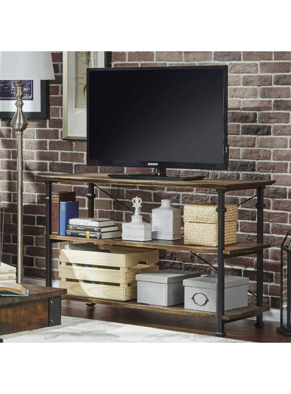 Weston Home Clayton Rustic Metal and Wood Console TV Stand, for TVs up to 48", Dark Brown