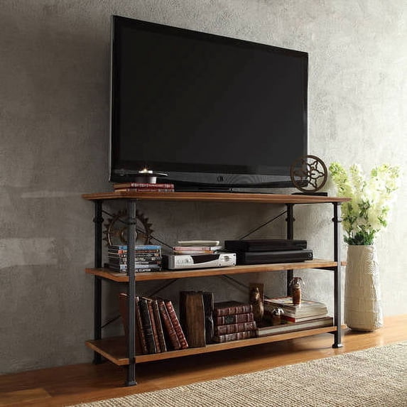 Weston Home Clayton Rustic Metal and Wood Storage Console Table TV Stand, Light Brown