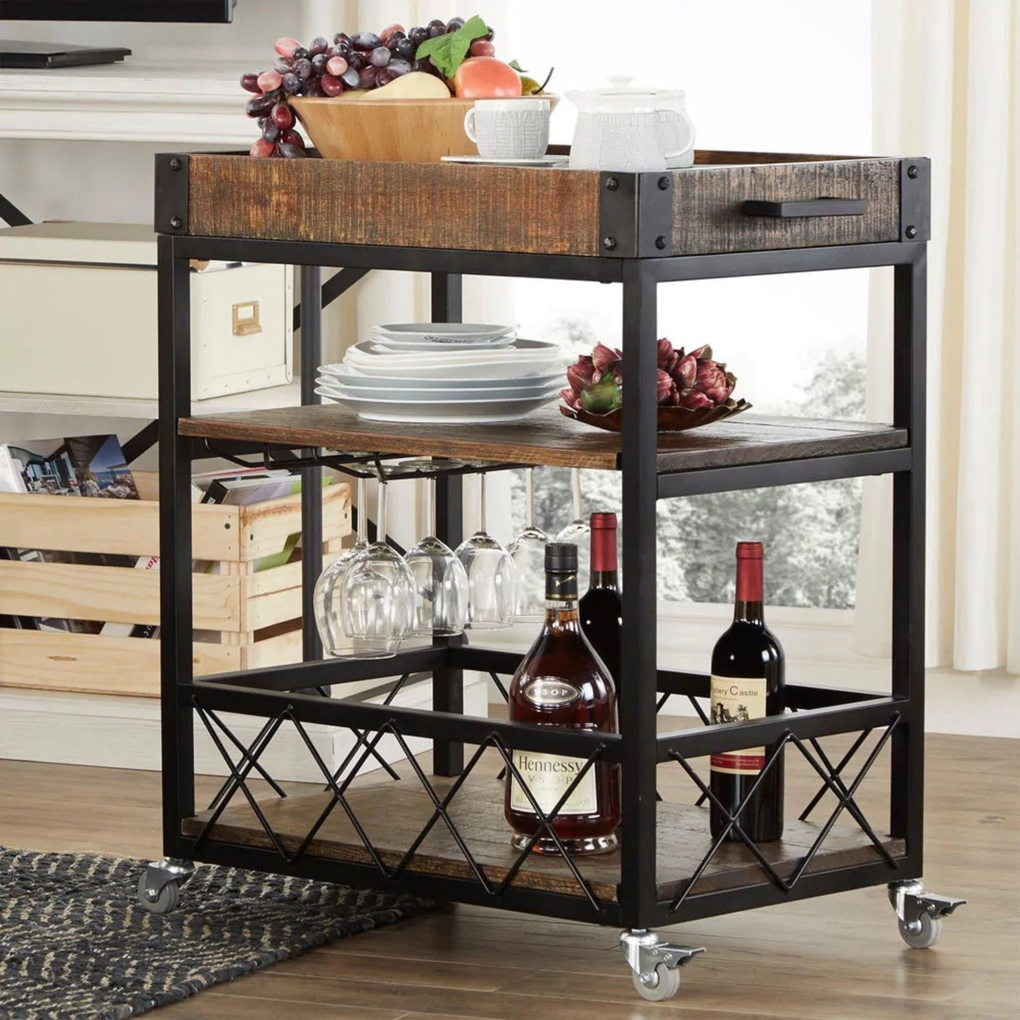 Weston Home Clayton Rustic Wood and Metal Bar Cart Brown Finish