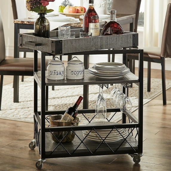 Weston Home Clayton Rustic Wood and Metal Bar Cart, Grey Finish