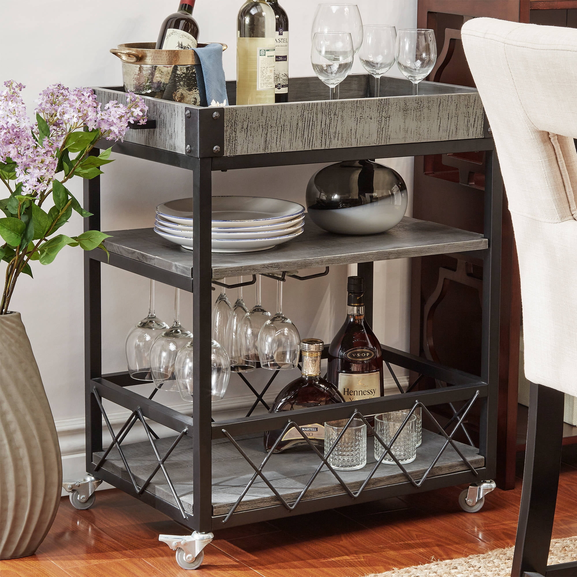 Weston Home Clayton Wood and Metal Bar Cart, Grey