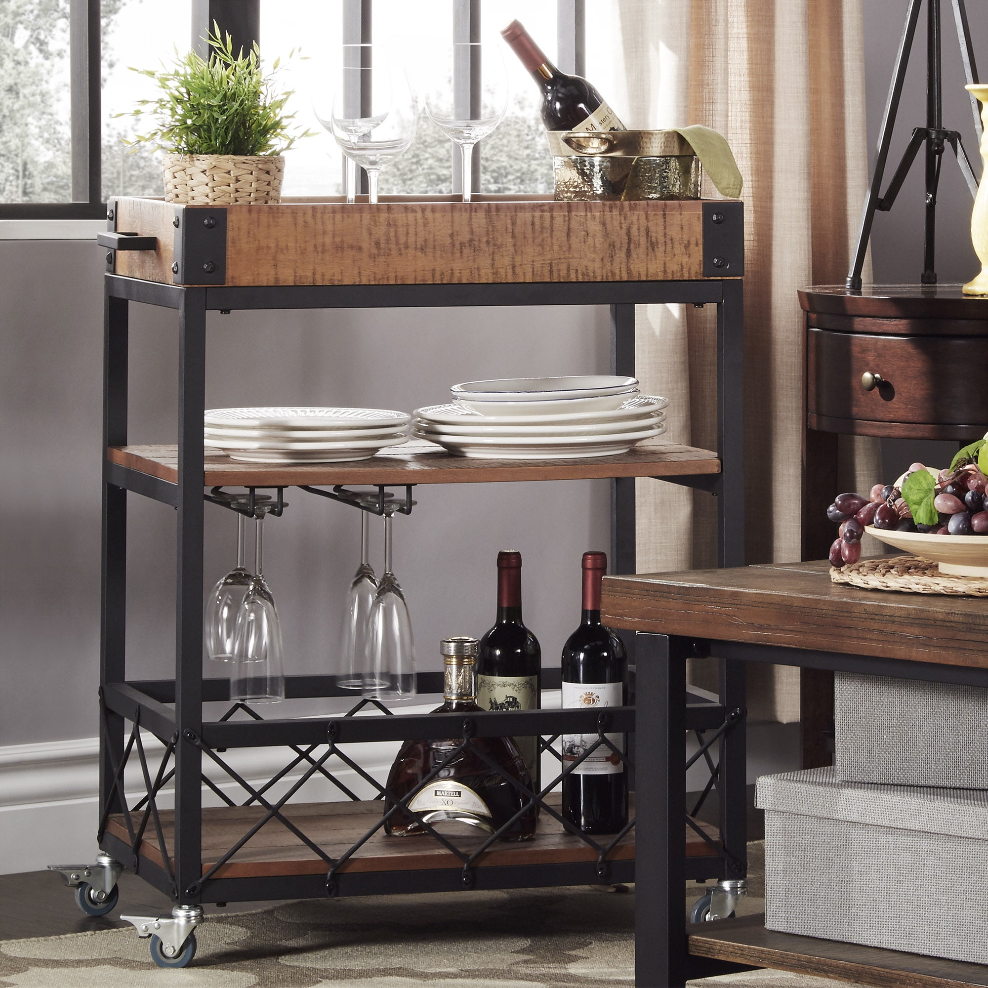 Weston Home Clayton Wood and Metal Bar Cart, Light Brown