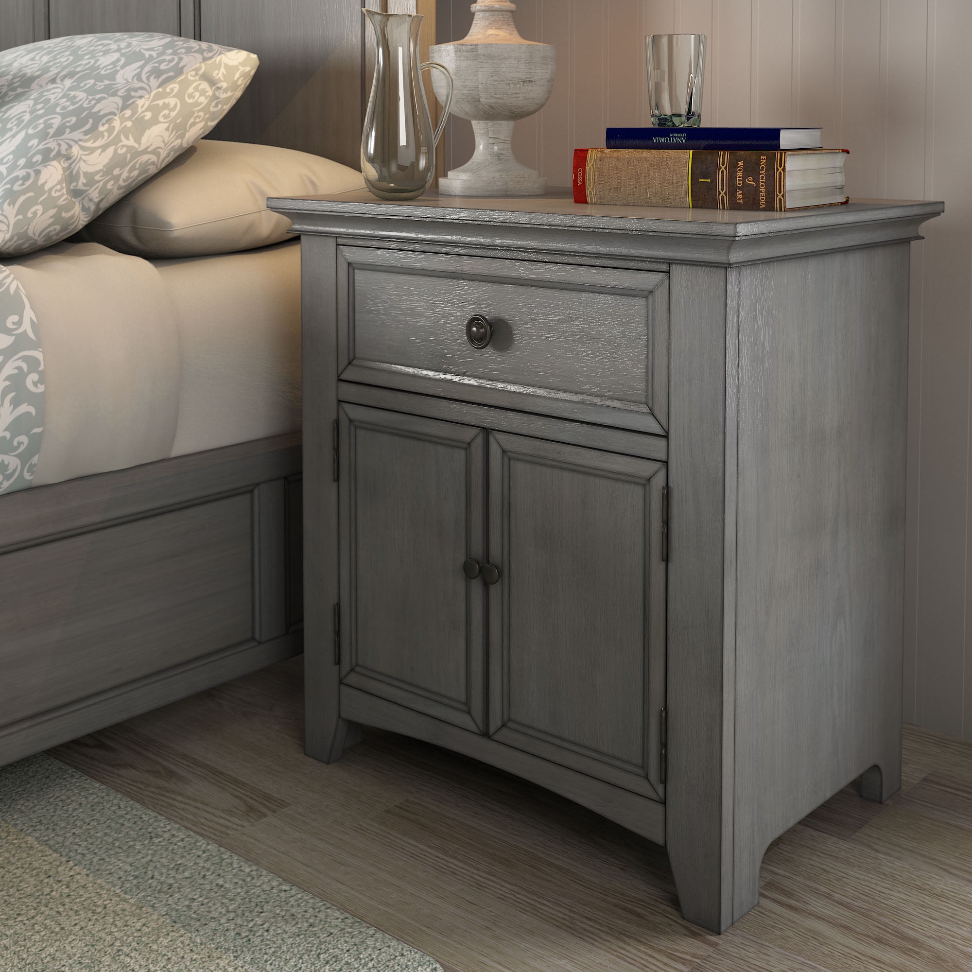 Weston Home Crestler Classic Cupboard Nightstand with 1-Drawer & Charging Station, Antique Grey