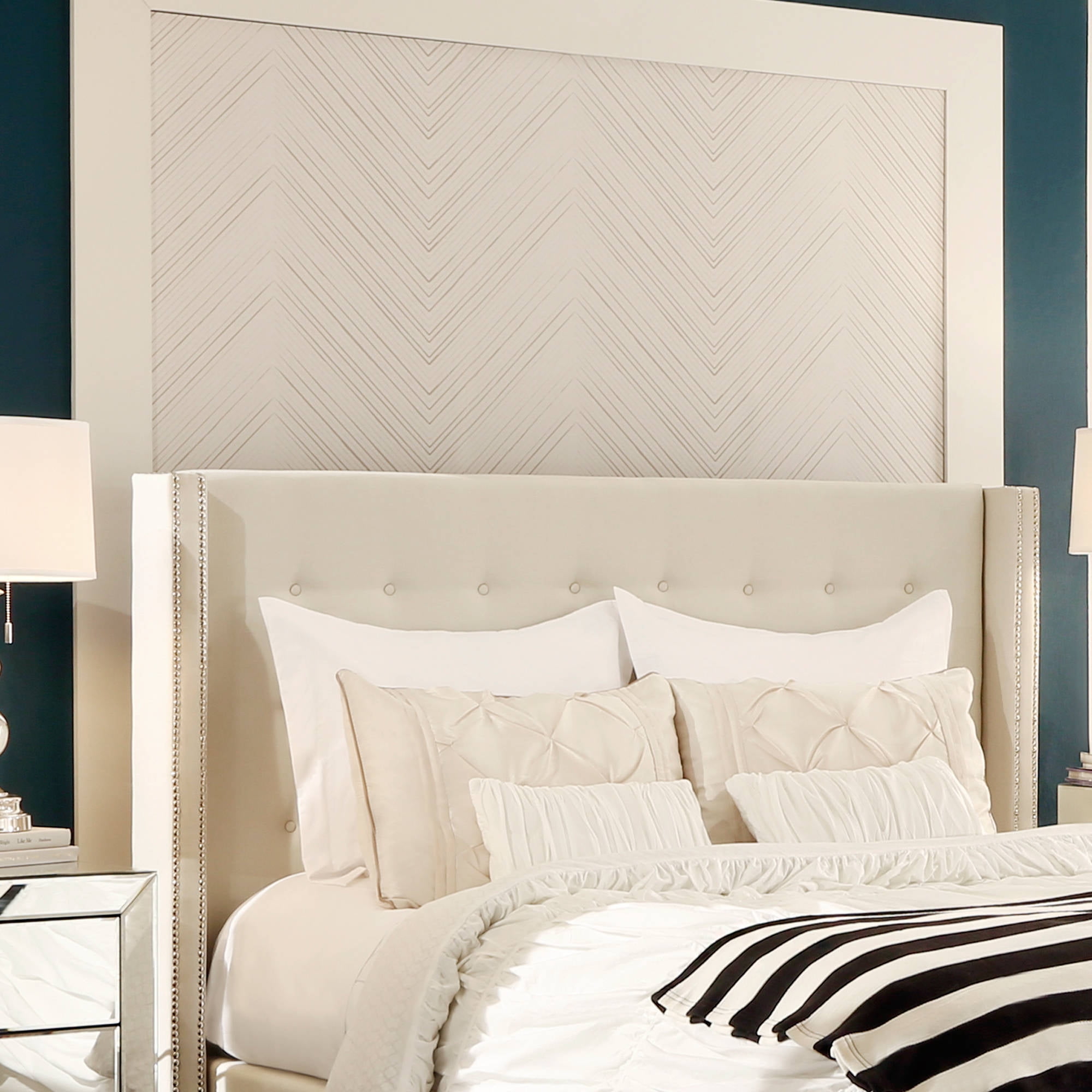Weston Home Curtis I Tufted Linen Headboard, King, Cream White