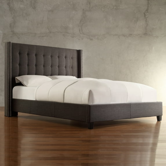 Weston Home Curtis I Upholstered Full Bed with Wingback Nailhead Headboard, Dark Gray