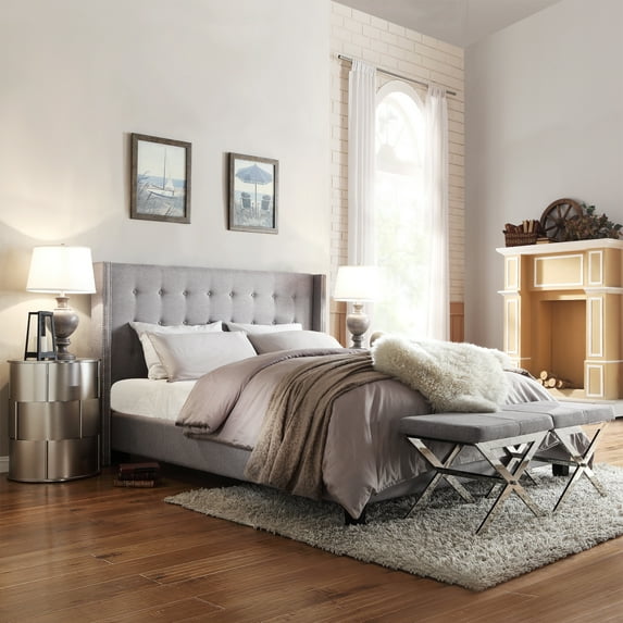 Weston Home Curtis I Upholstered Queen Bed with Wingback Nailhead Headboard, Gray