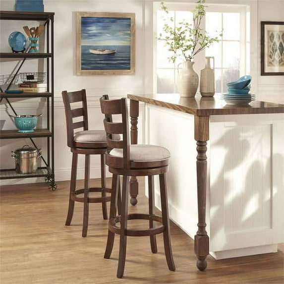 Weston Home Dark Cherry Ladder Back Swivel Bar Height Stool, Grey Linen