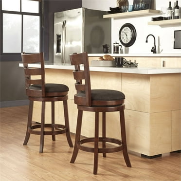 Weston Home Dark Cherry Ladder Back Swivel Counter Height Stool, Dark Grey Linen