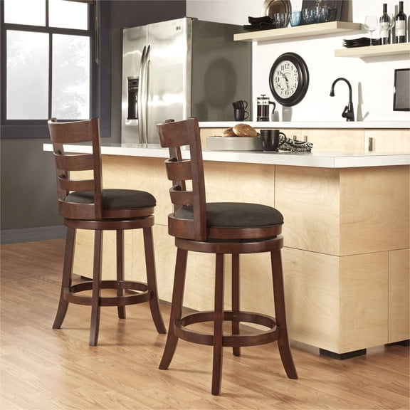 Weston Home Dark Cherry Ladder Back Swivel Counter Height Stool, Dark Grey Linen