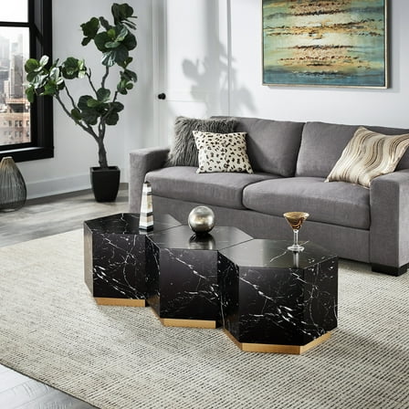 Weston Home Declan Faux Marble Coffee Table, Black, Hexagon