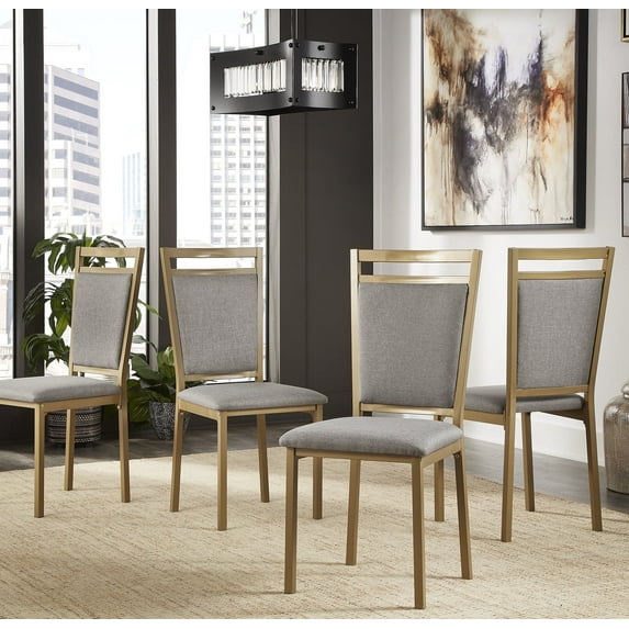 Weston Home Declan Gold Metal Frame Upholstered Grey Linen Dining Chairs, Set of 4