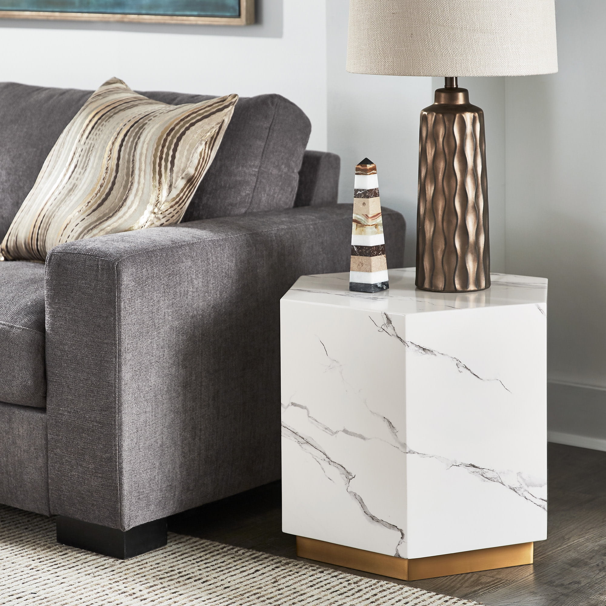 Weston Home Declan Hexagon Faux Marble End Table, White