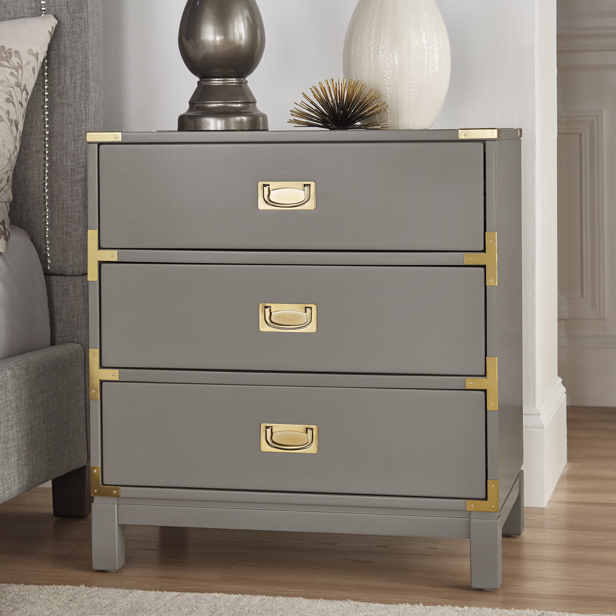 Weston Home Delacour Contemporary 3-Drawer Gold Accent Nightstand, Grey