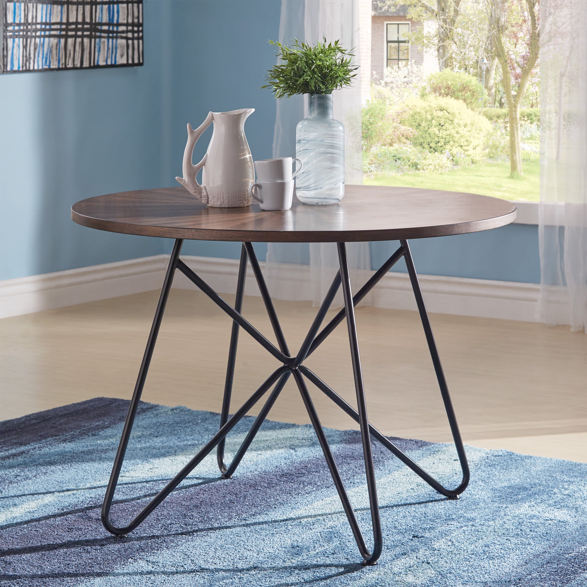 Weston Home Delong Walnut Finish 42 inch Round Dining Table with Black Iron Legs
