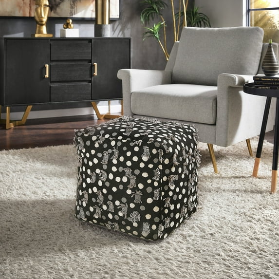 Weston Home Dinant Upholstered Square Pouf Ottoman, Black White & Grey Polka Dot Pattern Fabric With Fringe