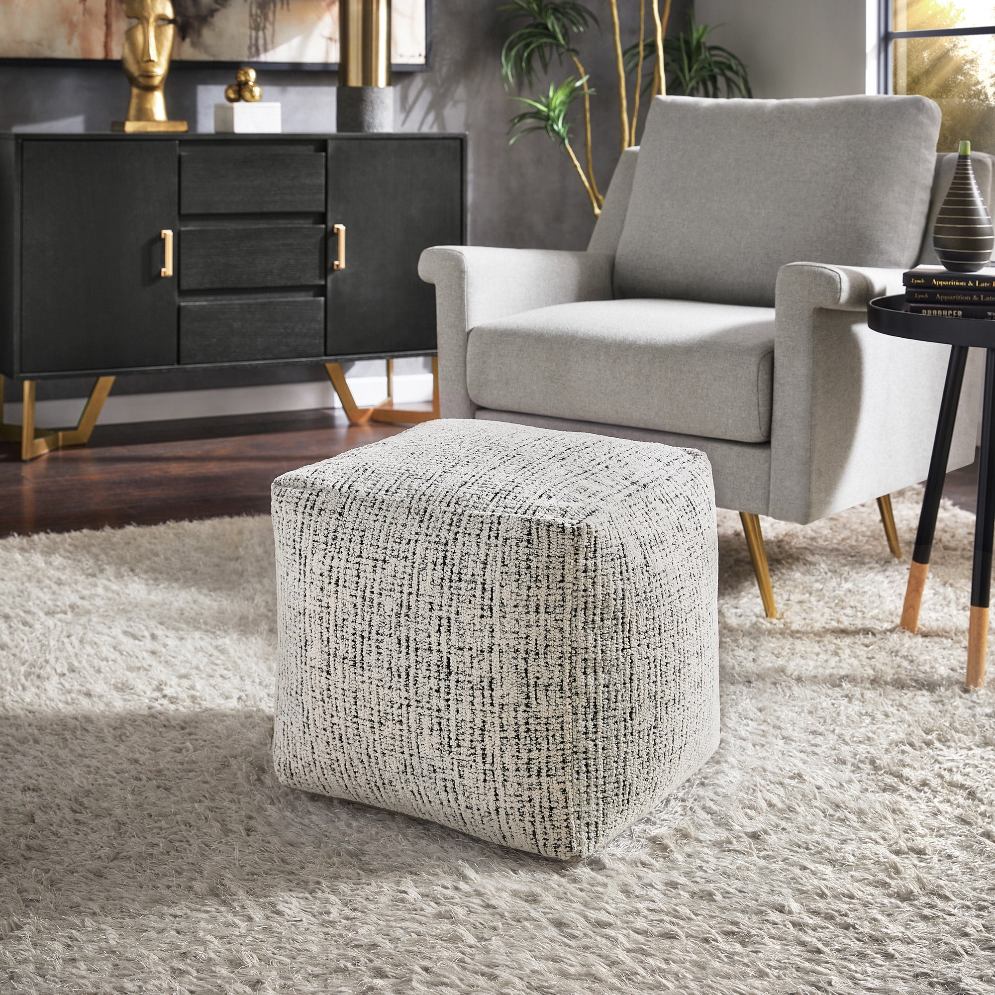 Weston Home Dinant Upholstered Square Pouf Ottoman, Black & White Tweed Chenille