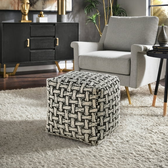 Weston Home Dinant Upholstered Square Pouf Ottoman, Black & White Weaved Pattern Fabric