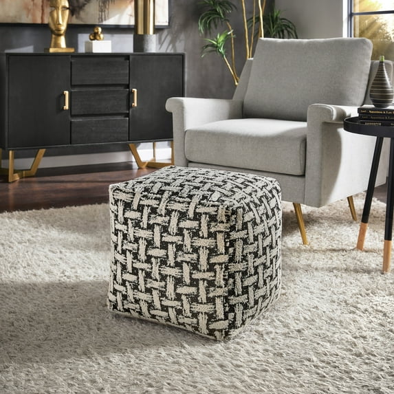 Weston Home Dinant Upholstered Square Pouf Ottoman, Black & White Weaved Pattern Fabric