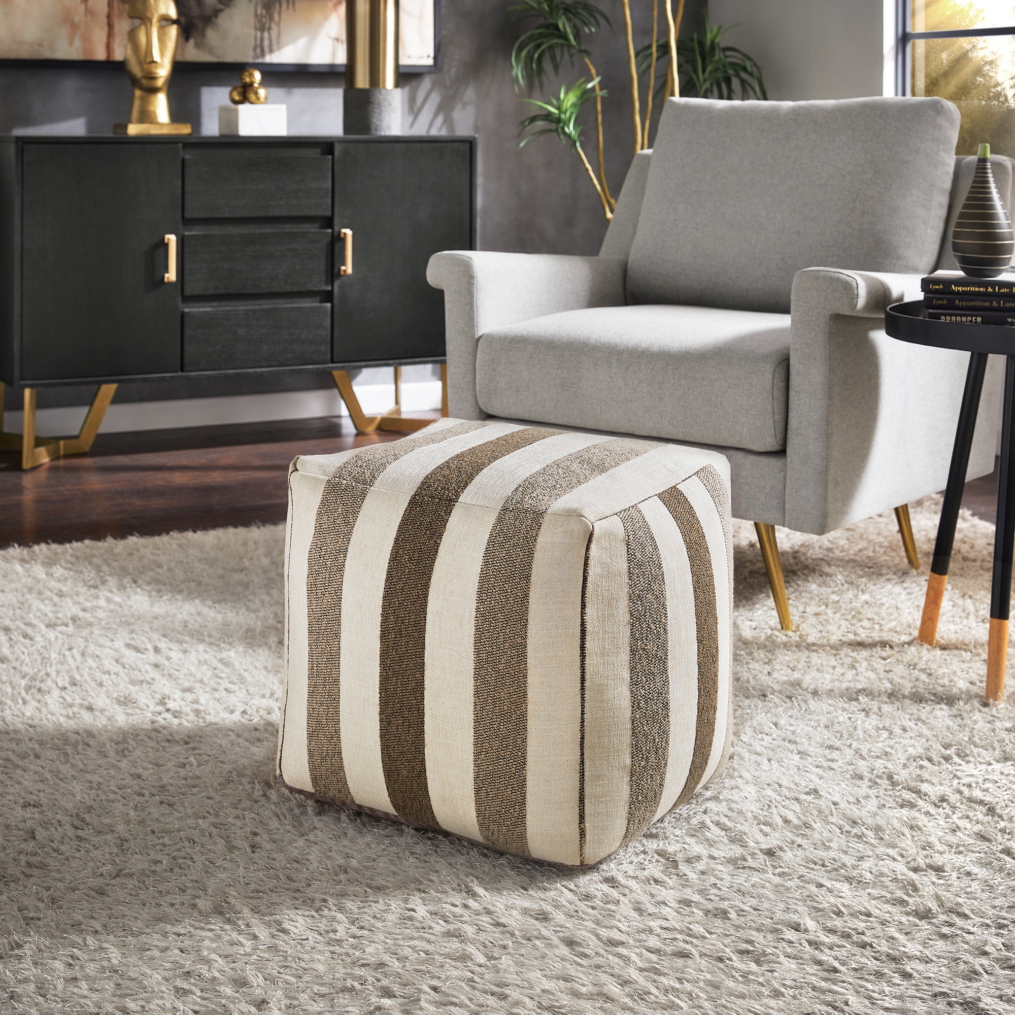Weston Home Dinant Upholstered Square Pouf Ottoman, Brown Tone Stripe Pattern Fabric